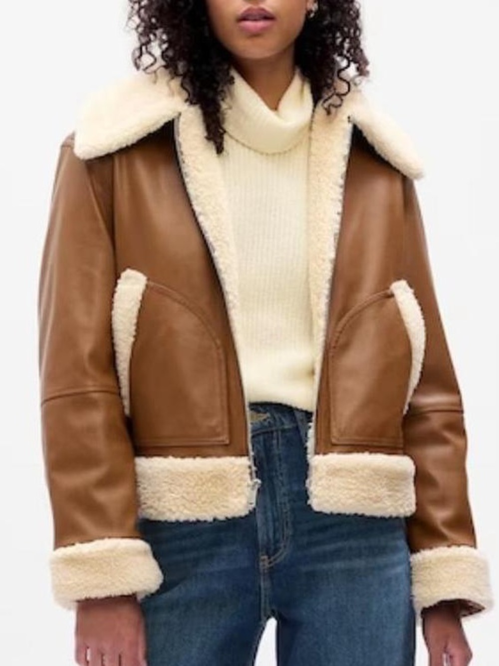 GAP Brown Faux Leather Teddy Jacket with Cream Sherpa Trim
